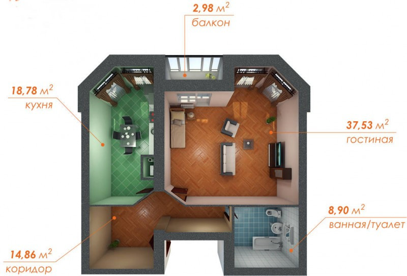 Однокомнатная квартира 80.06 м²