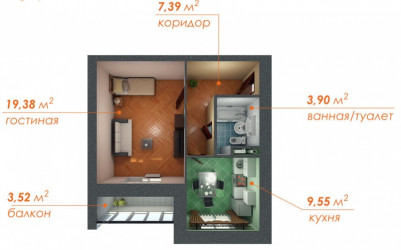 Однокомнатная квартира 40.22 м²