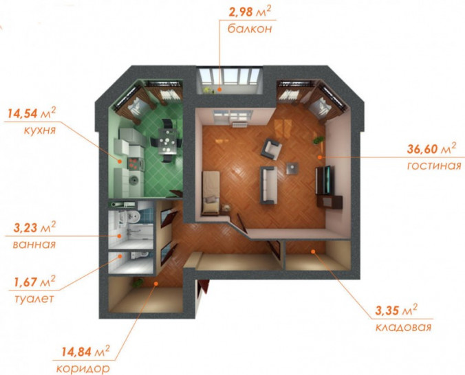 Однокомнатная квартира 74.23 м²